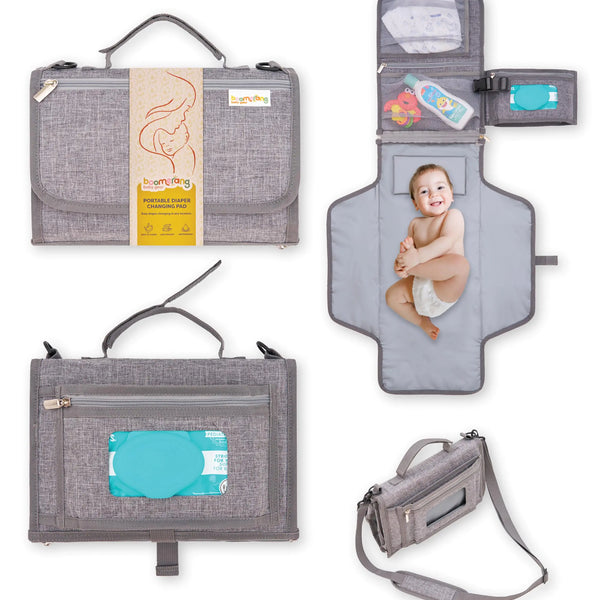 Boomerang Portable Diaper Changing Pad - Bonus Shoulder Strap - Ample Storage - Waterproof - Enhanced 1’’ Head Cushion for Baby’s Comfort - Baby Shower Gifts