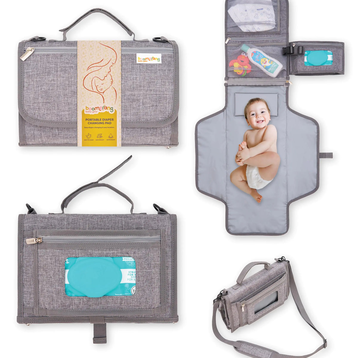 Boomerang Portable Diaper Changing Pad - Bonus Shoulder Strap - Ample Storage - Waterproof - Enhanced 1’’ Head Cushion for Baby’s Comfort - Baby Shower Gifts
