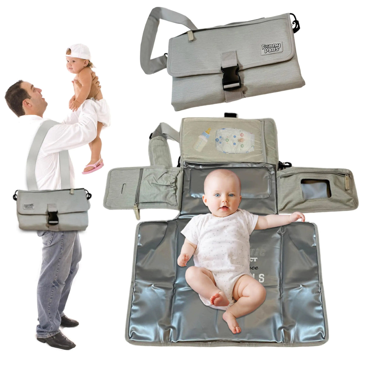 Funny Pads Patent Pending Portable Diaper Changing Pad Travel Waterproof Changing Mat for Babies Newborns Shoulder Strap & Stroller Attachment Storage Pockets Wipes Diapers Essentials Easy Clean
