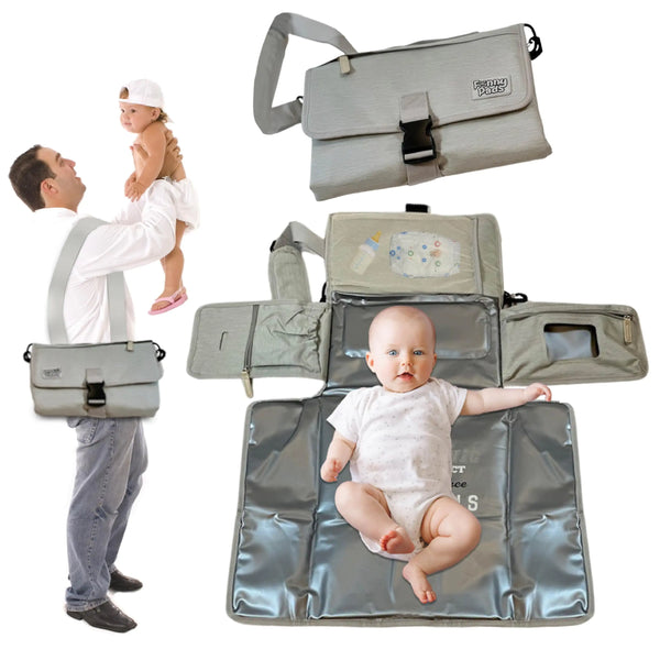 Funny Pads Patent Pending Portable Diaper Changing Pad Travel Waterproof Changing Mat for Babies Newborns Shoulder Strap & Stroller Attachment Storage Pockets Wipes Diapers Essentials Easy Clean